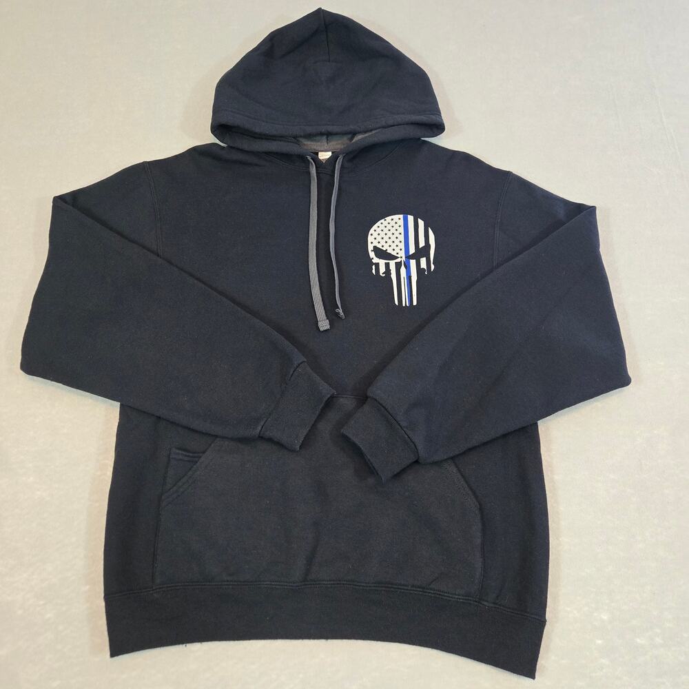 Punisher Thin Blue Line Skull Logo Mens Hooded Sweatshirt Kangaroo Pocket Medium
